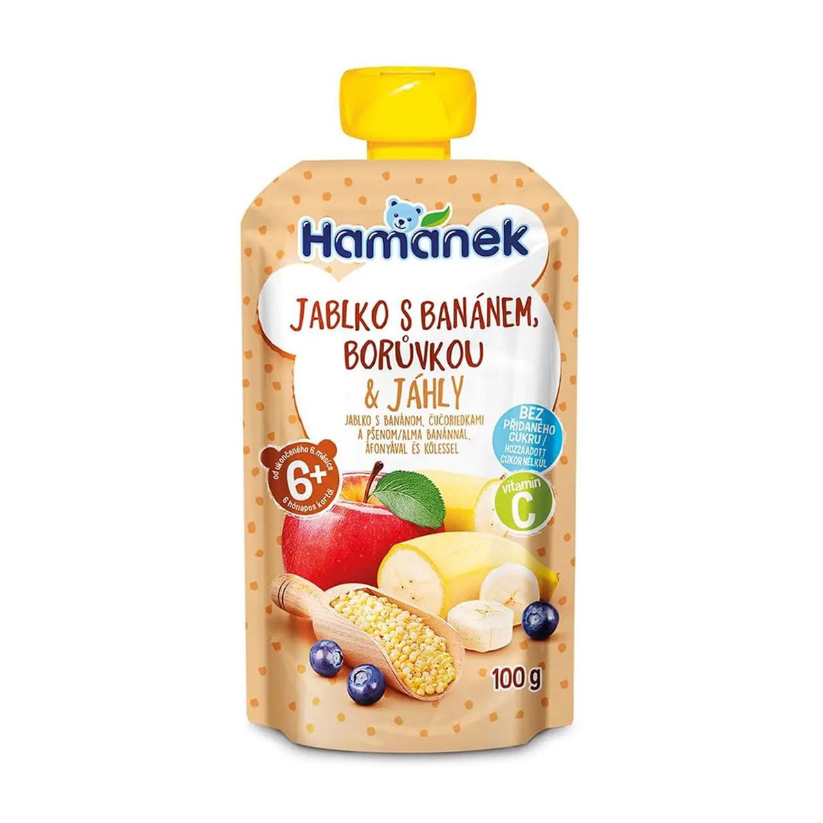 Дитяче фруктово-ягідне пюре Hamanek Яблуко, банан, чорниця та пшоно, від 6 місяців, 100 г
